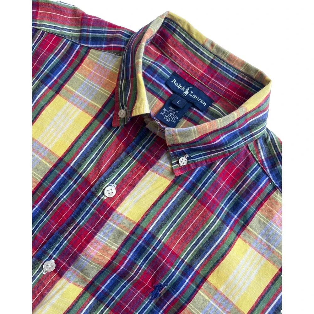 Ralph Lauren Shirt Plaid Short Sleeve Button Up Youth L Blue Red Green Yellow